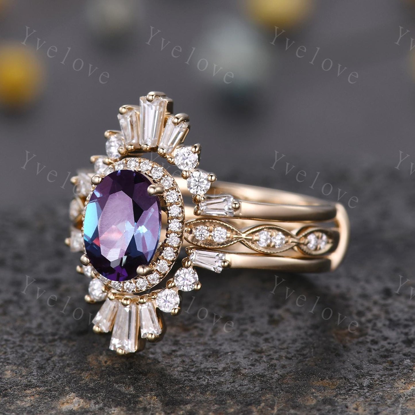 Vintage Oval Alexandrite Engagement Ring Set 14K Gold Unique Halo Diamond Engagement Ring Double Curved Enhancer Wedding Band Promise gift