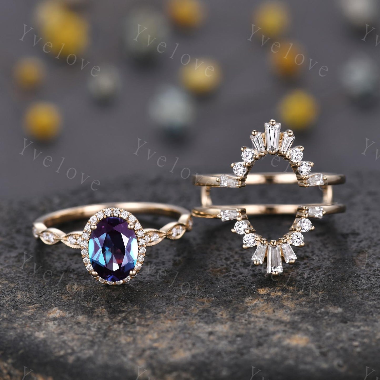 Vintage Oval Alexandrite Engagement Ring Set 14K Gold Unique Halo Diamond Engagement Ring Double Curved Enhancer Wedding Band Promise gift