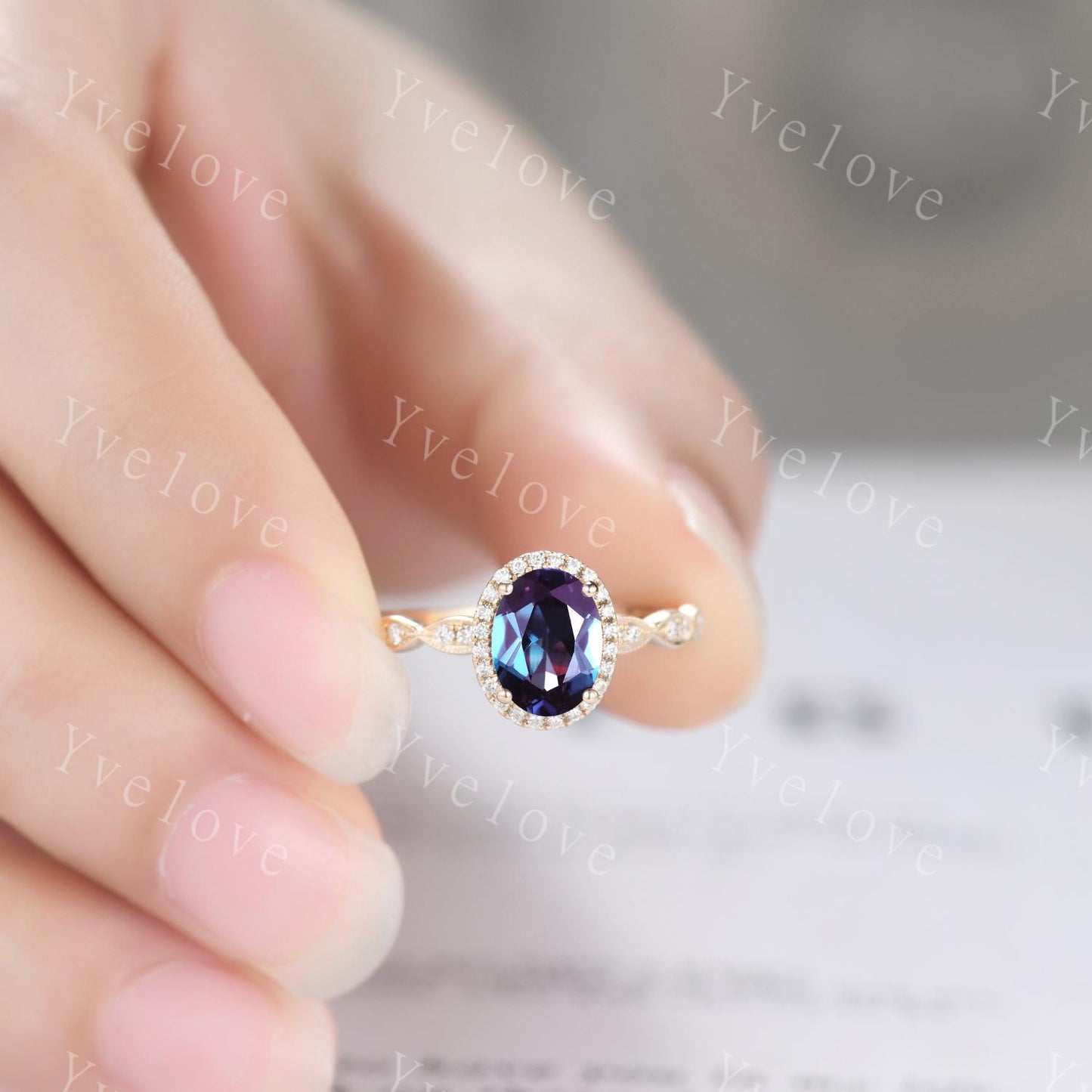Vintage Oval Alexandrite Engagement Ring Set 14K Gold Unique Halo Diamond Engagement Ring Double Curved Enhancer Wedding Band Promise gift