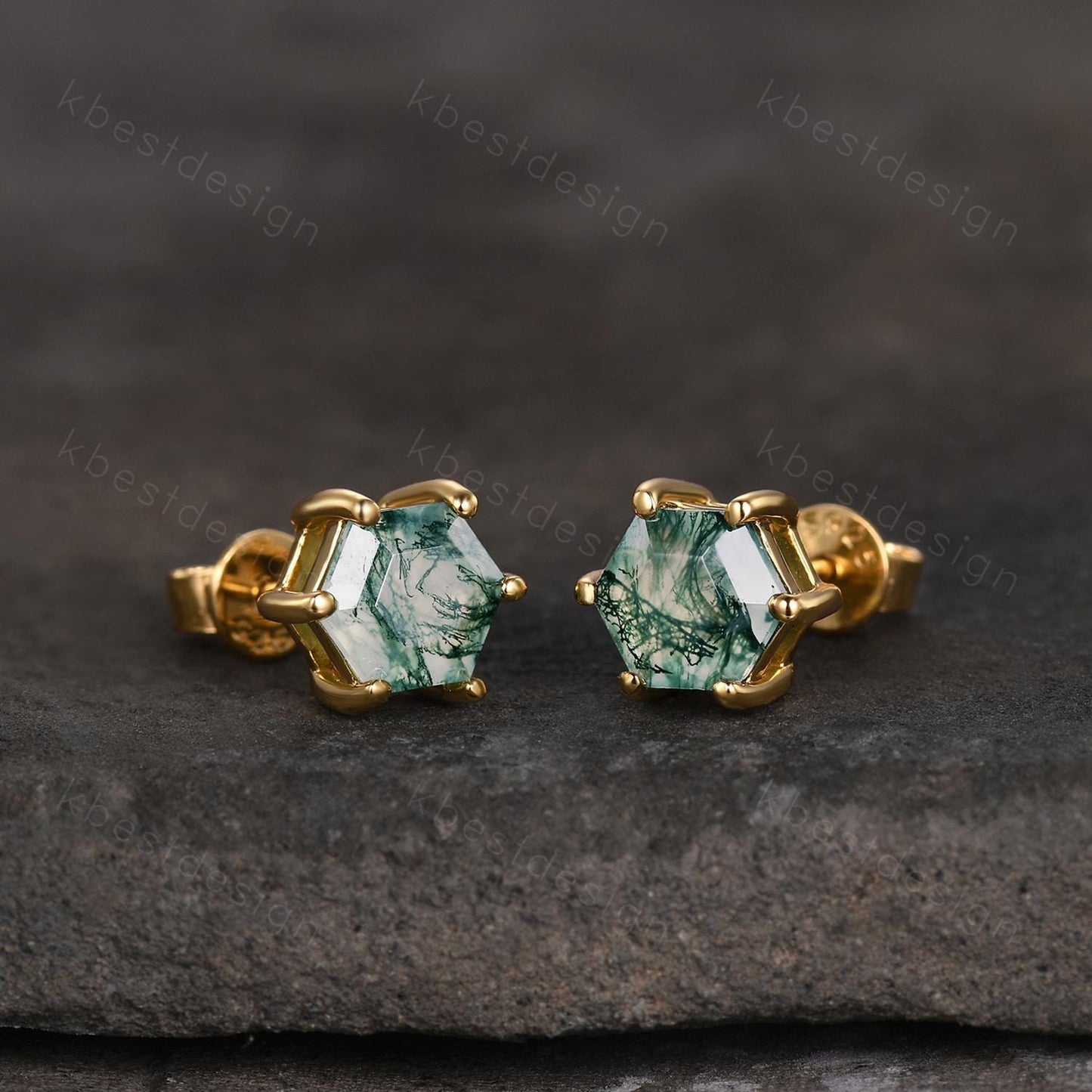 Natural moss agate stud earrings, yellow gold studs, hexagon cut moss agate earring studs, best friend gift, anniversary gift for her