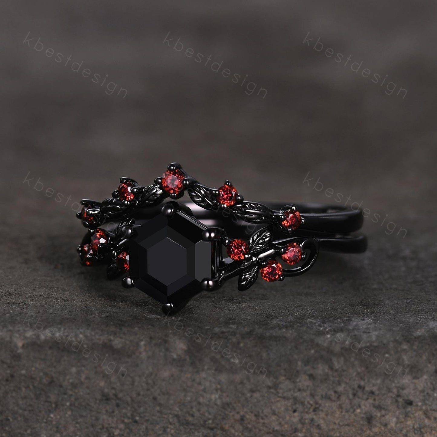 Gothic Hexagon cut Black Onyx Engagement Ring Art Deco Branch Design Leaf Garnet Wedding Ring Black Gold Ring Unique Bridal Ring Set