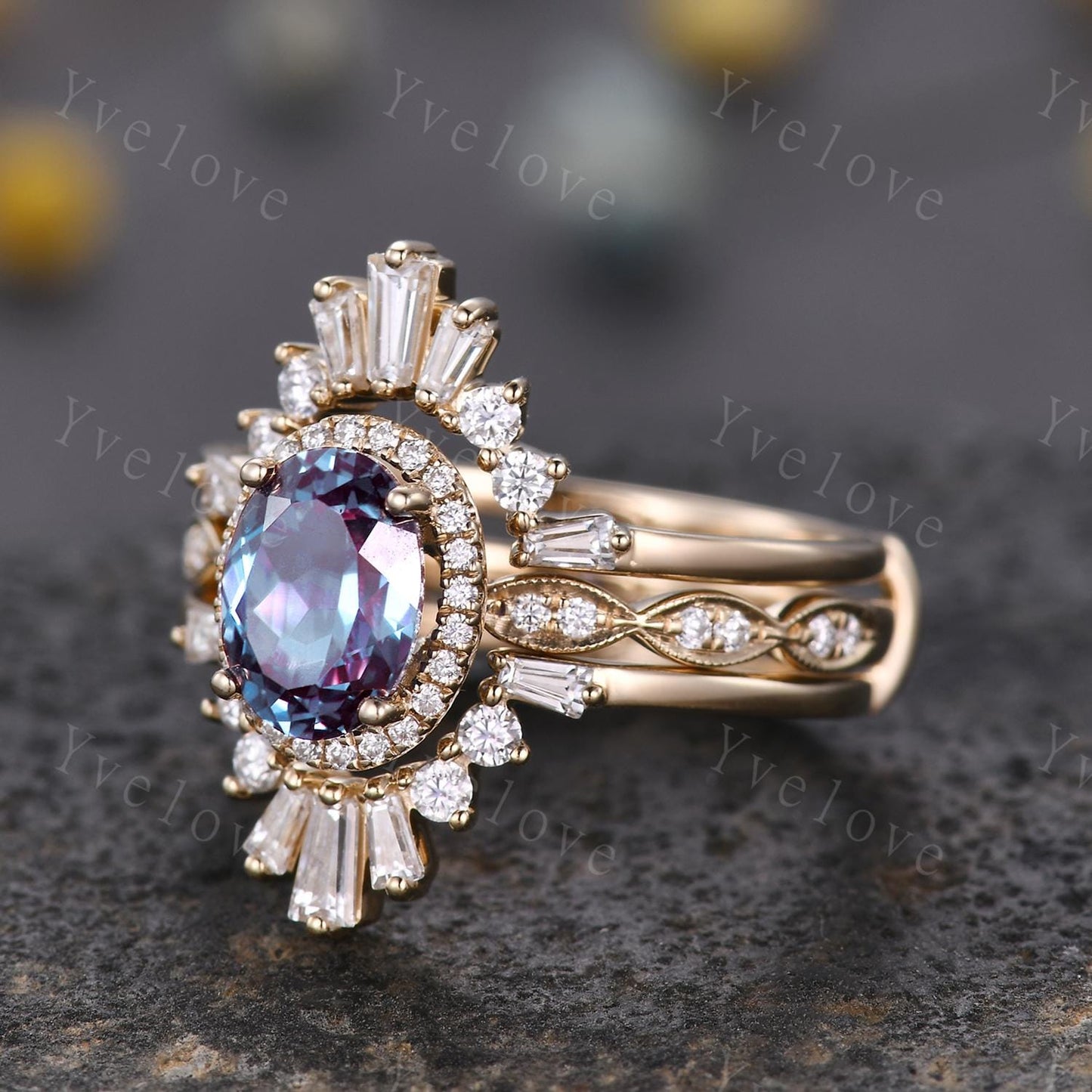 Vintage Oval Alexandrite Engagement Ring 14K Solid Gold Unique Hidden Halo Diamond Engagement Ring Art Deco Wedding Band Women Promise Gift