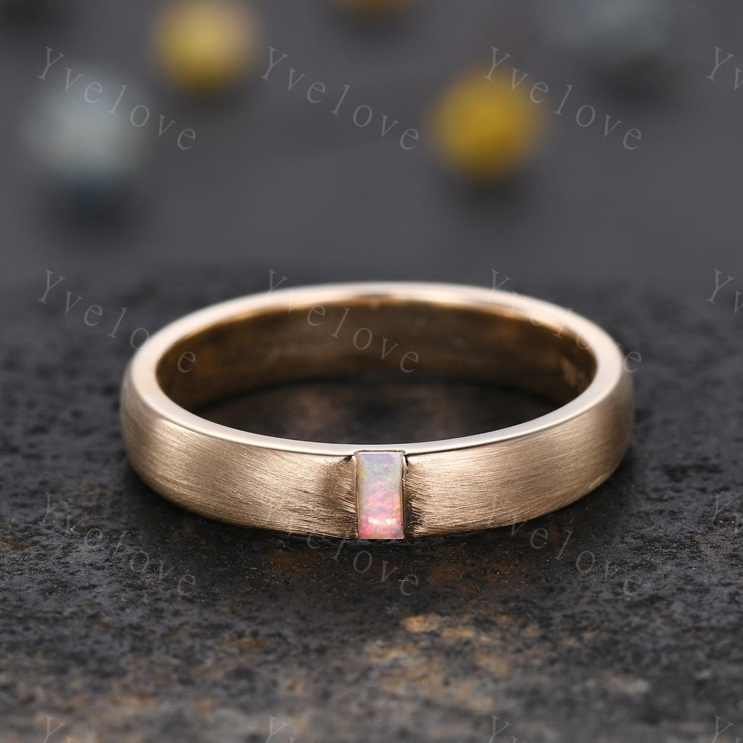 Unisex Opal Wedding Band Baguette Cut White Opal Band 4mm Solid Gold Ring Mens Satin Texture Stacking Matching Band Retro Vintage Ring Gift