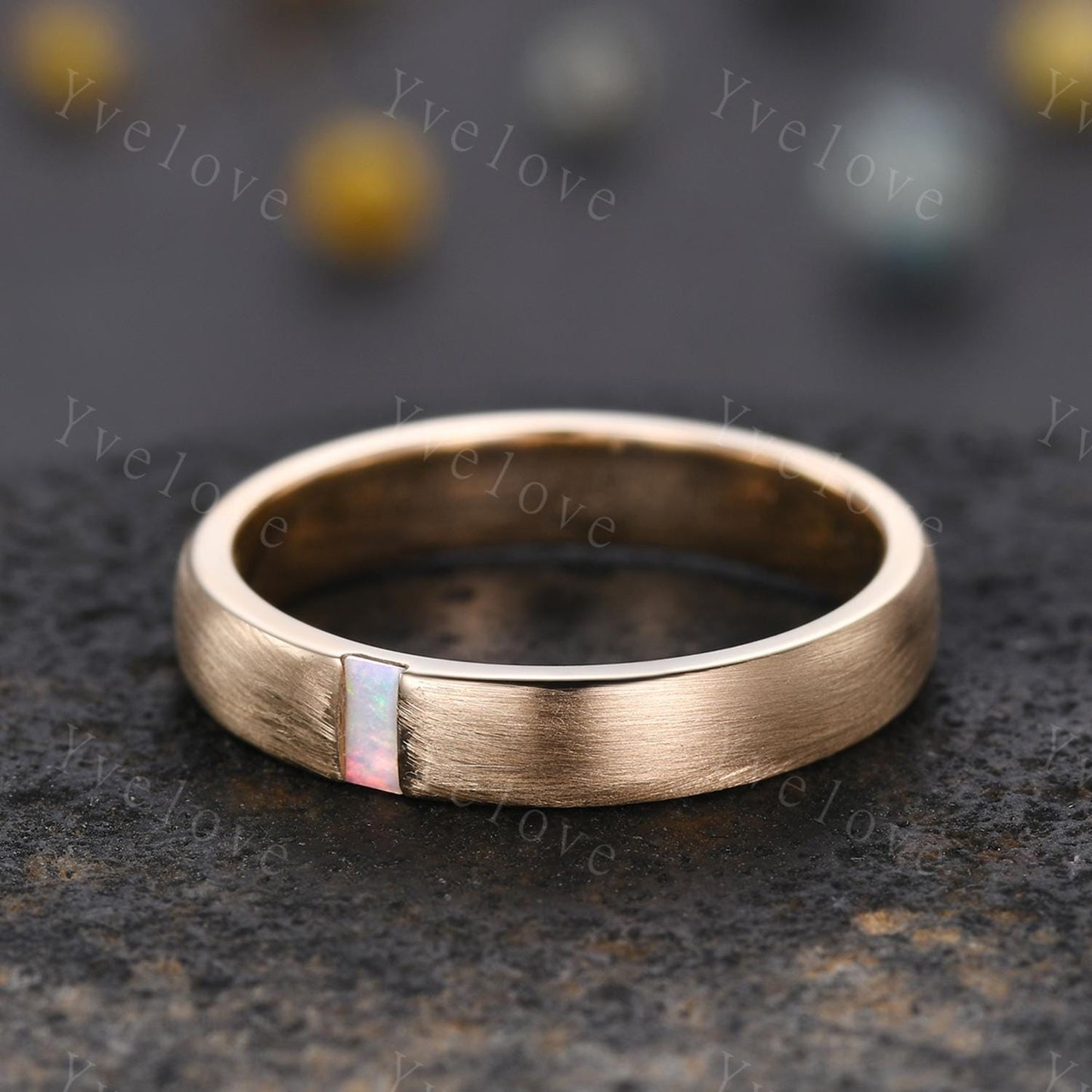 Unisex Opal Wedding Band Baguette Cut White Opal Band 4mm Solid Gold Ring Mens Satin Texture Stacking Matching Band Retro Vintage Ring Gift