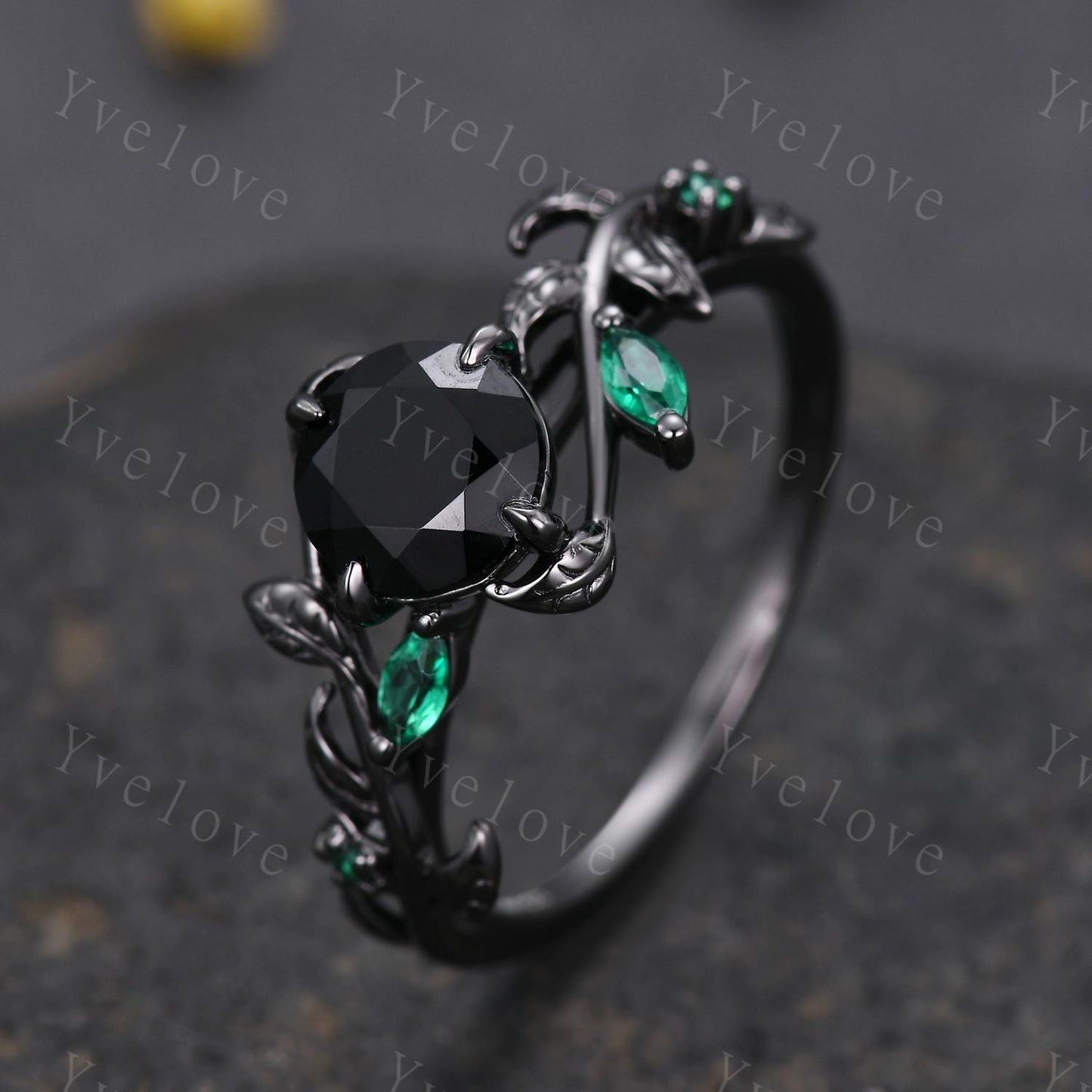 Vintage Round Black Onyx Engagement Ring,Silver Black Gold,Cluster Leaf Emerald Wedding Ring,Women Bridal Ring,Art Deco Promise Ring Gift