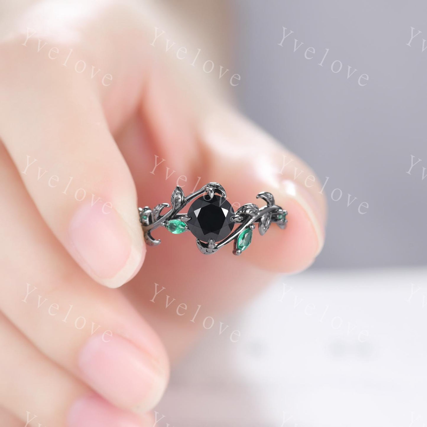 Vintage Round Black Onyx Engagement Ring,Silver Black Gold,Cluster Leaf Emerald Wedding Ring,Women Bridal Ring,Art Deco Promise Ring Gift