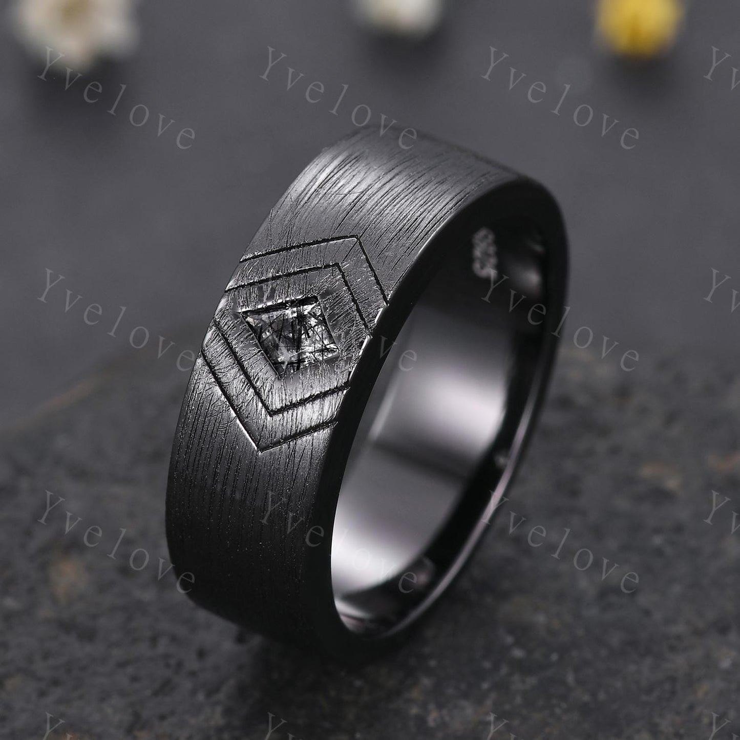 7mm Black Gold Mens Kite Cut Black Quartz Wedding Band Black Jewelry Engagement Ring Matt Finish Band Mens Stacking Band His Wedding band
