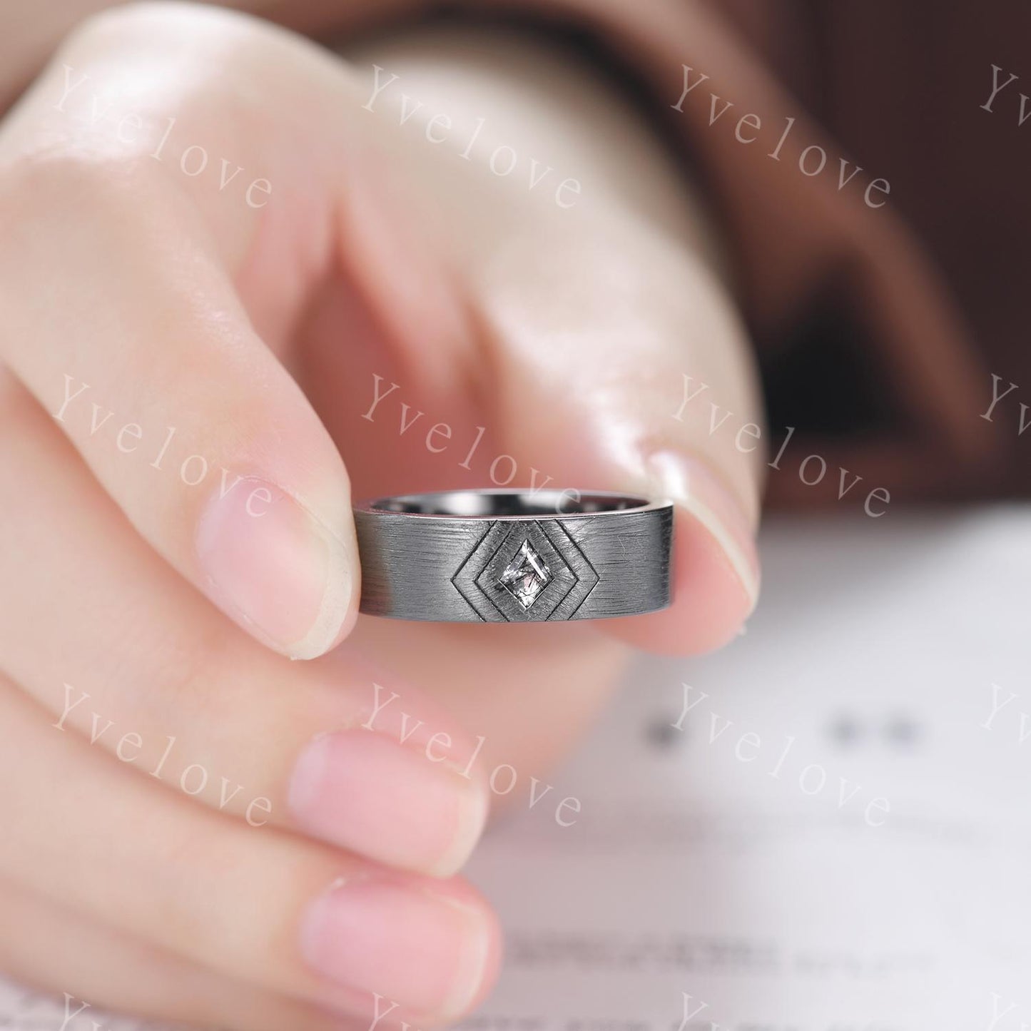 7mm Black Gold Mens Kite Cut Black Quartz Wedding Band Black Jewelry Engagement Ring Matt Finish Band Mens Stacking Band His Wedding band