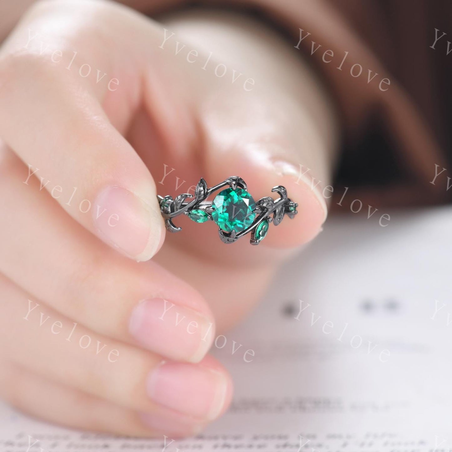Vintage Round Emerald Engagement Ring,Silver Black Gold,Cluster Leaf Vine Wedding Ring,Women Bridal Ring,Art Deco Promise Ring Gift for her
