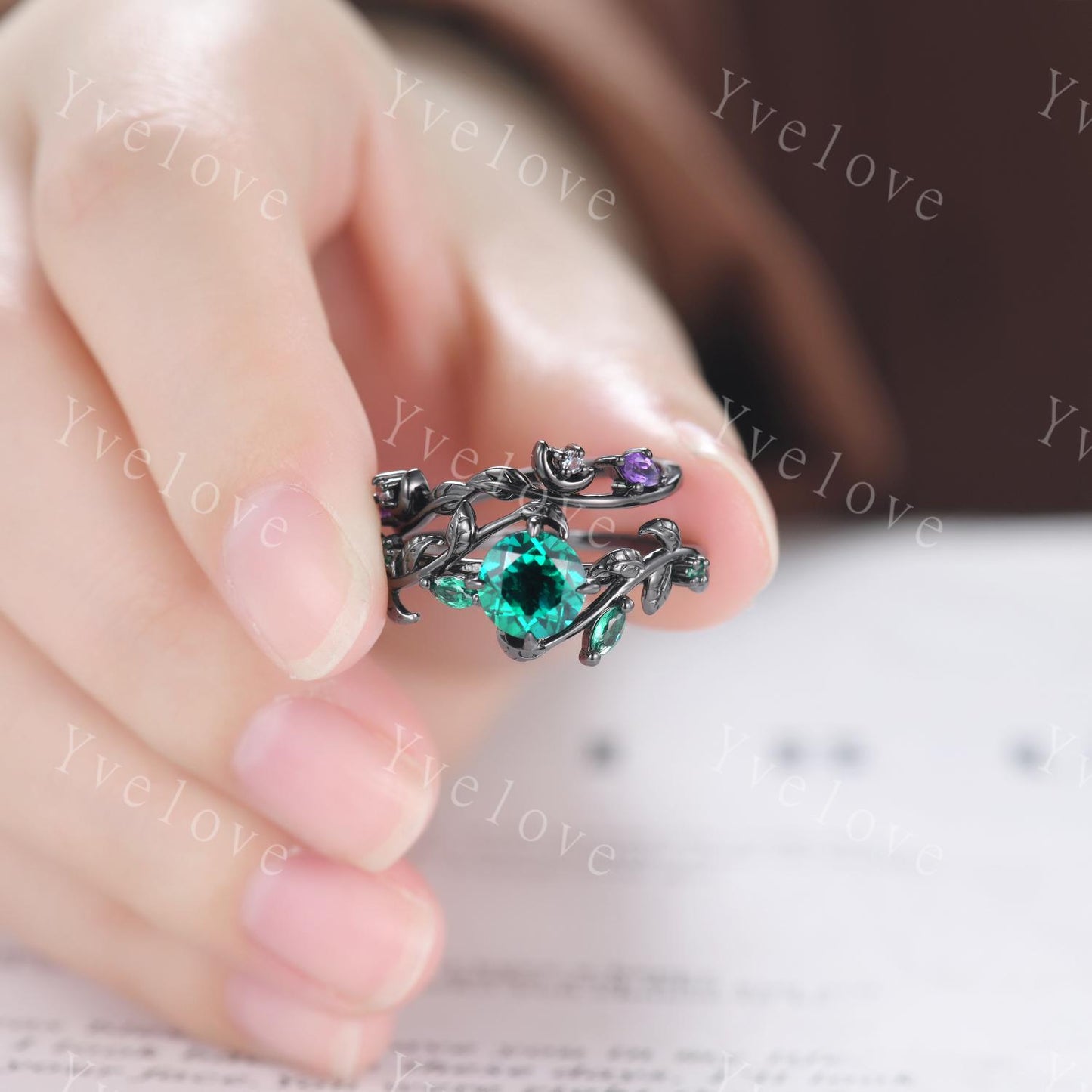 Vintage Round Emerald Engagement Ring,Silver Black Gold,Cluster Leaf Vine Wedding Ring,Women Bridal Set,Unique Promise Ring Gift for her