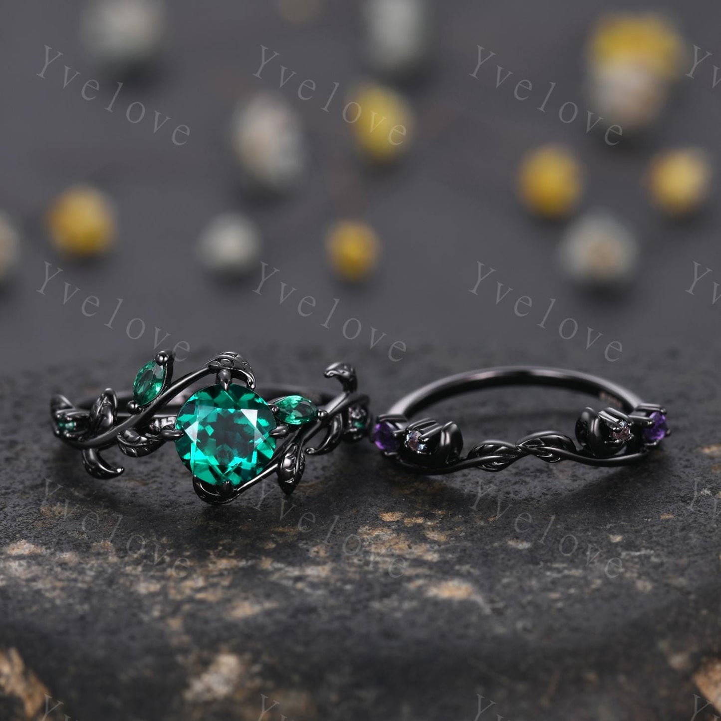 Vintage Round Emerald Engagement Ring,Silver Black Gold,Cluster Leaf Vine Wedding Ring,Women Bridal Set,Unique Promise Ring Gift for her
