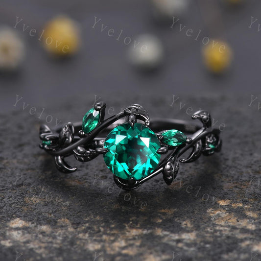 Vintage Round Emerald Engagement Ring,Silver Black Gold,Cluster Leaf Vine Wedding Ring,Women Bridal Ring,Art Deco Promise Ring Gift for her