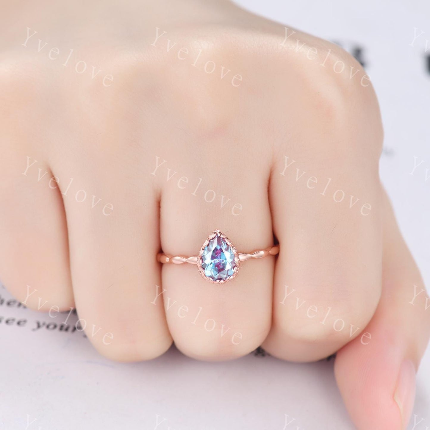 Vintage Pear Cut Alexandrite Engagement Ring Unique Plain Gold Band Art Deco 14K Rose Gold Bridal Wedding Band