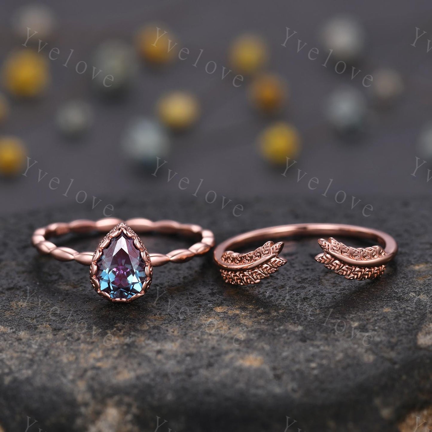 Vintage Pear Cut Alexandrite Engagement Ring Set Unique Leaf Twisted Design Ring Art Deco 14K Rose Gold Open Gap Band Bridal Set Customized