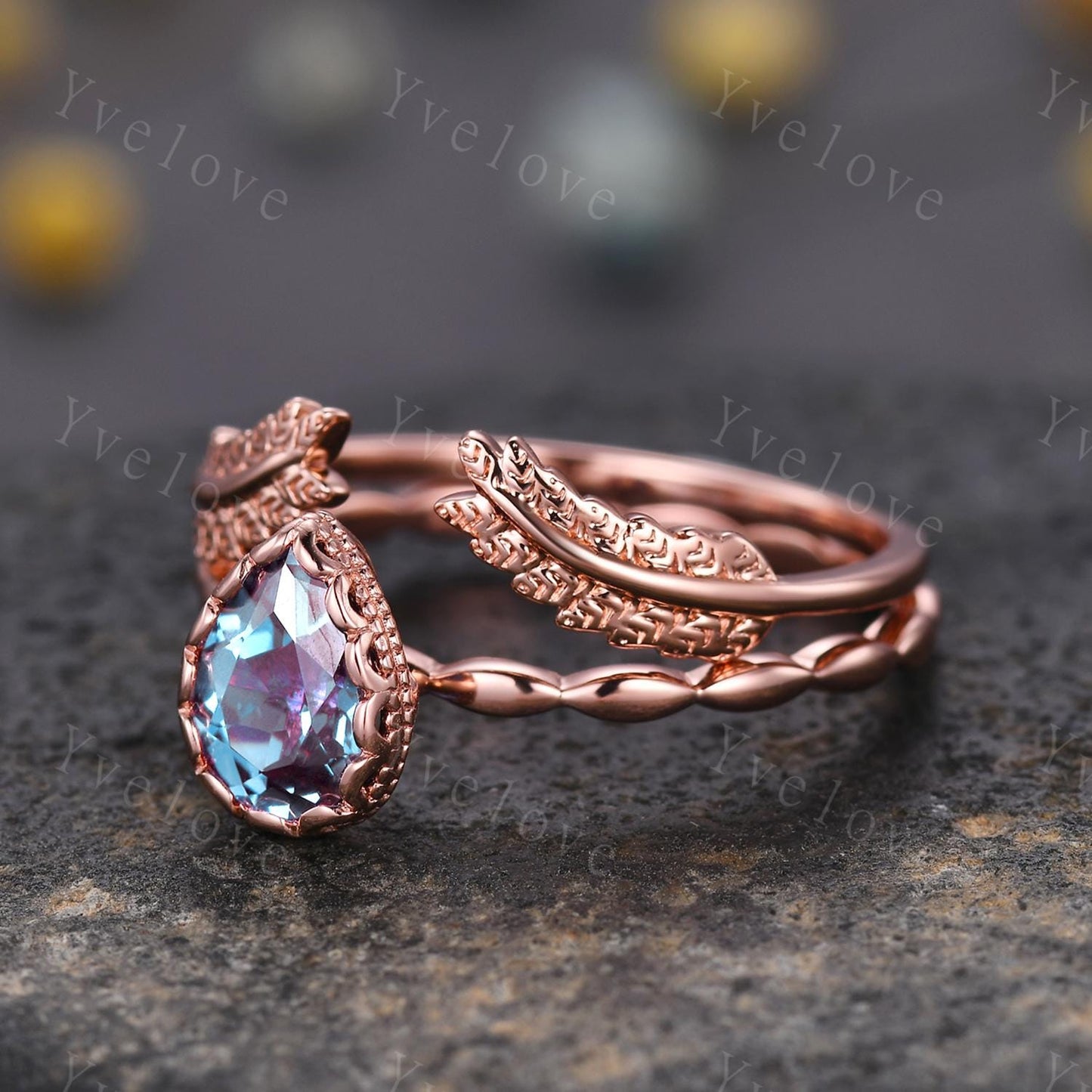 Vintage Pear Cut Alexandrite Engagement Ring Set Unique Leaf Twisted Design Ring Art Deco 14K Rose Gold Open Gap Band Bridal Set Customized