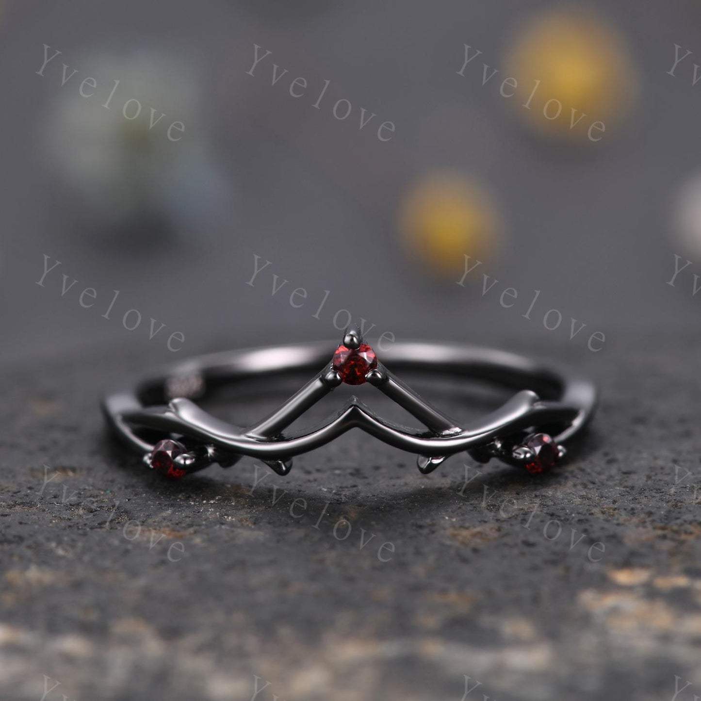 Minimalist Red Garnet Twig Engagement Ring,Twig Matching Band,Women Vine Band,Art Deco V Curved Branch Garnet Wedding Band,Black Gold Ring