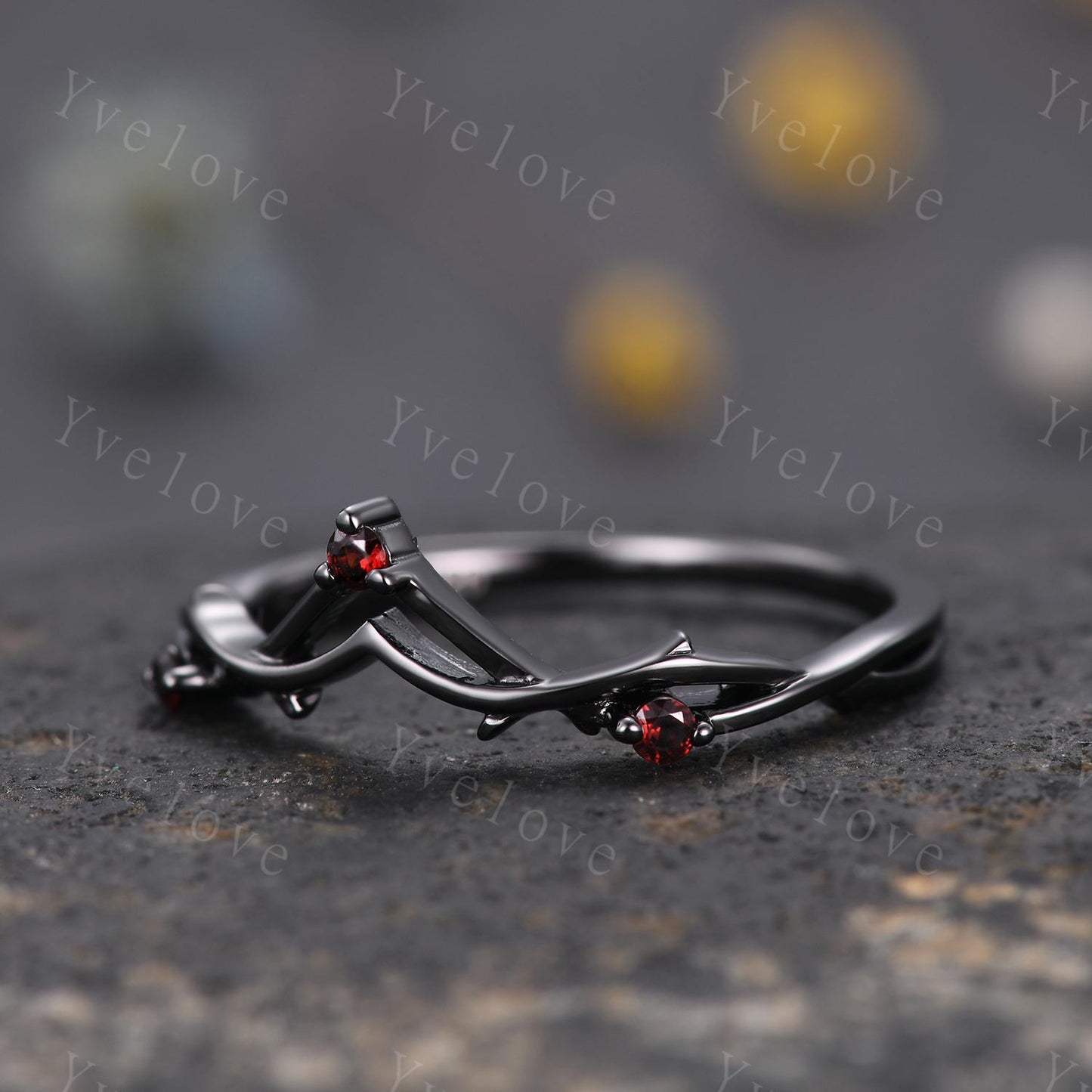 Minimalist Red Garnet Twig Engagement Ring,Twig Matching Band,Women Vine Band,Art Deco V Curved Branch Garnet Wedding Band,Black Gold Ring