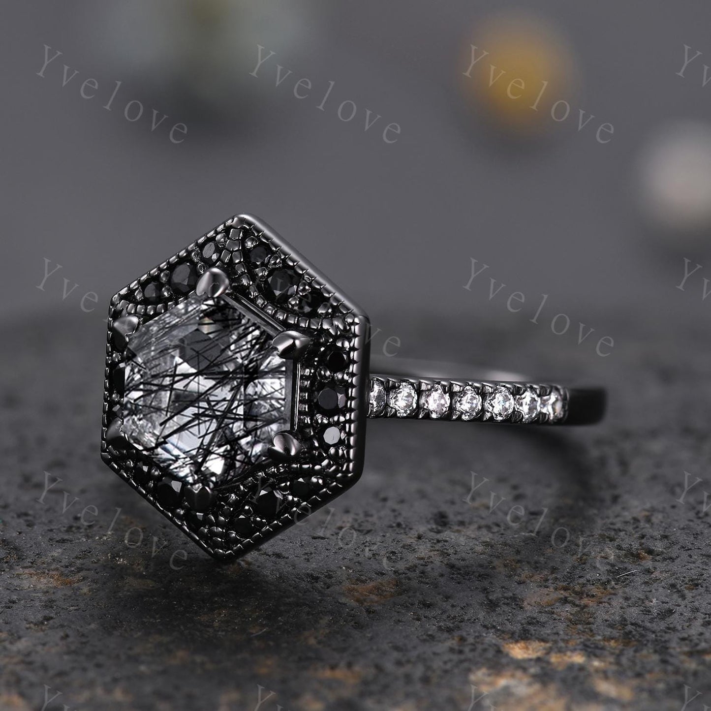 Hexagon Natural Black Rutilated Quartz Anniversary Bridal Ring 925 Black Rhodium Engagement Women Promise Birthday Gift Halo Ring For Her