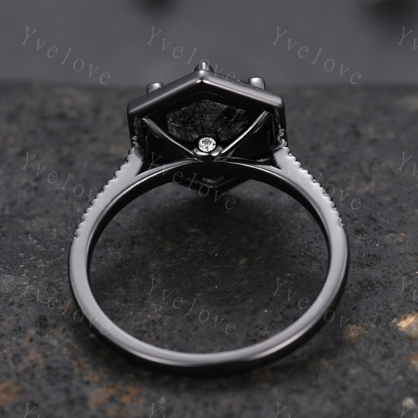 Hexagon Natural Black Rutilated Quartz Anniversary Bridal Ring 925 Black Rhodium Engagement Women Promise Birthday Gift Halo Ring For Her