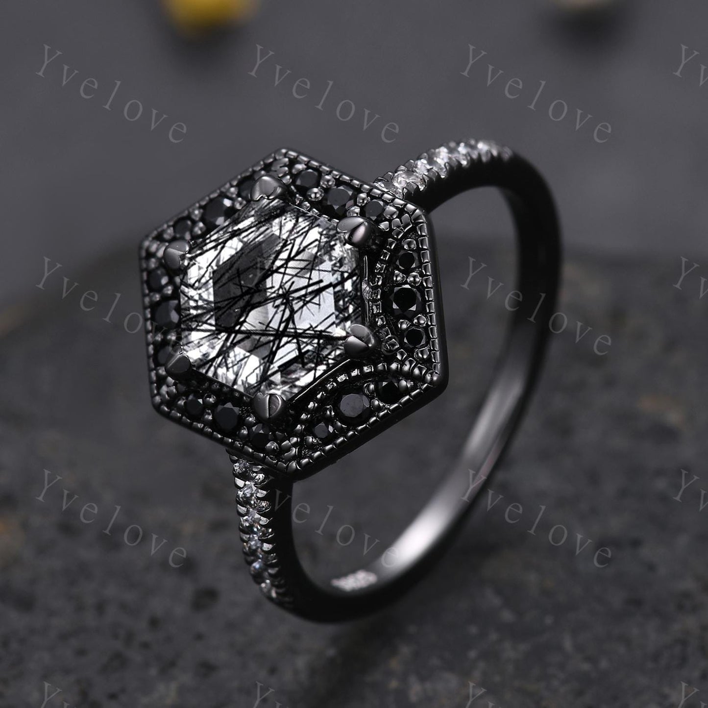 Hexagon Natural Black Rutilated Quartz Anniversary Bridal Ring 925 Black Rhodium Engagement Women Promise Birthday Gift Halo Ring For Her