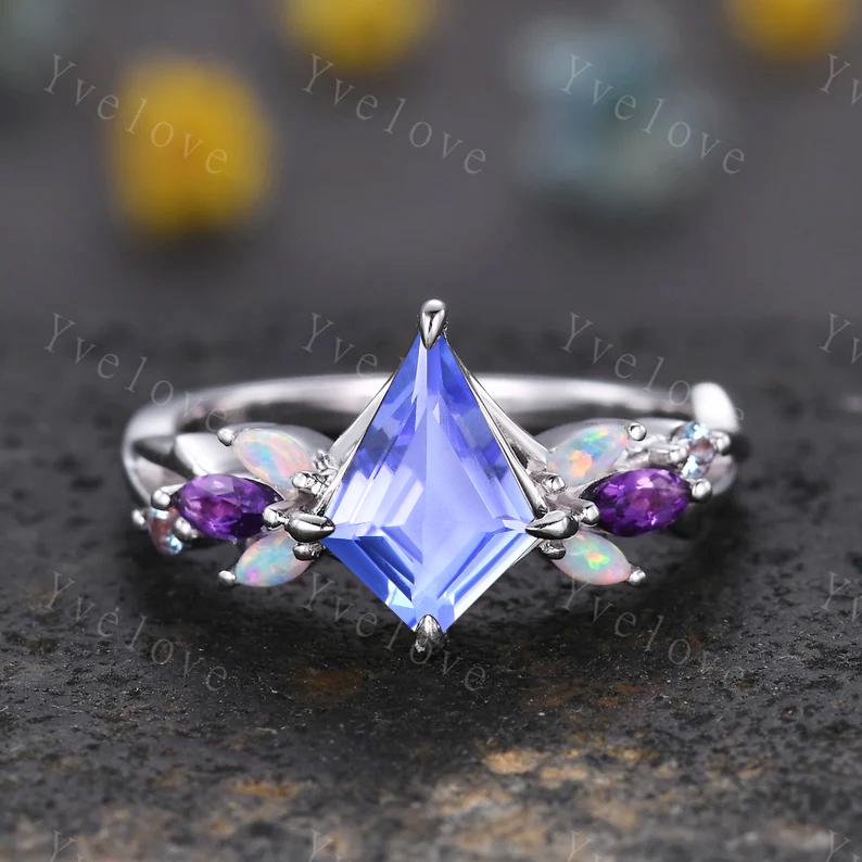 Vintage Kite Cut Tanzanite Engagement Ring Set,Black Gold Ring,Vines Amethyst Opal Ring,Women Bridal Set,Unique Twig Promise Ring Gift