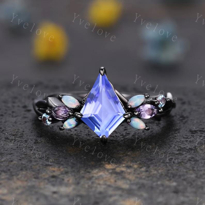 Vintage Kite Cut Tanzanite Engagement Ring Set,Black Gold Ring,Vines Amethyst Opal Ring,Women Bridal Set,Unique Twig Promise Ring Gift