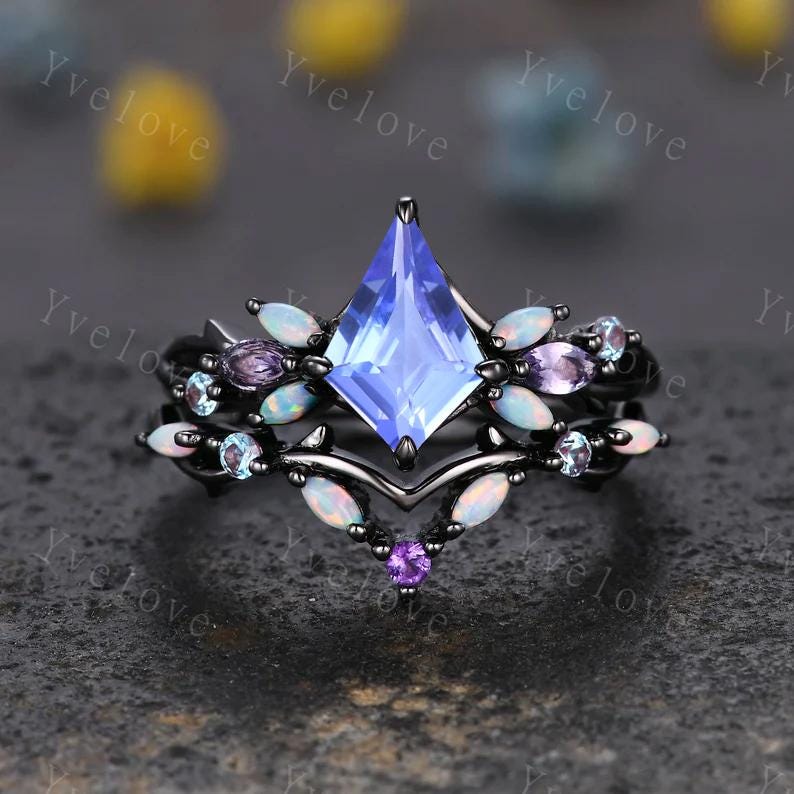 Vintage Kite Cut Tanzanite Engagement Ring Set,Black Gold Ring,Vines Amethyst Opal Ring,Women Bridal Set,Unique Twig Promise Ring Gift