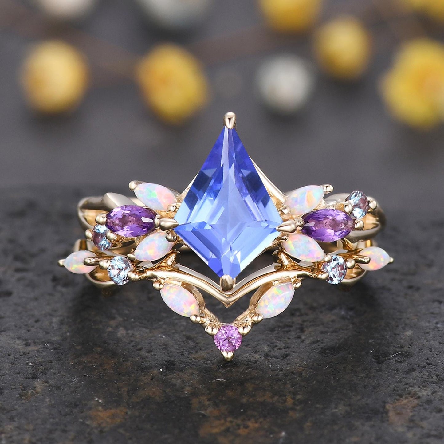 Vintage Kite Cut Tanzanite Engagement Ring Set,Black Gold Ring,Vines Amethyst Opal Ring,Women Bridal Set,Unique Twig Promise Ring Gift