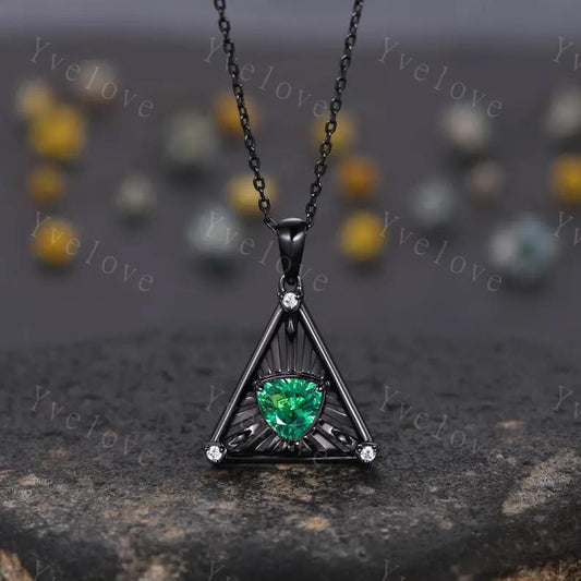 Gothic triangle cut Emerald pendant black gold unique trillion shape Green Emerald engagement necklace women retro wedding necklace gift