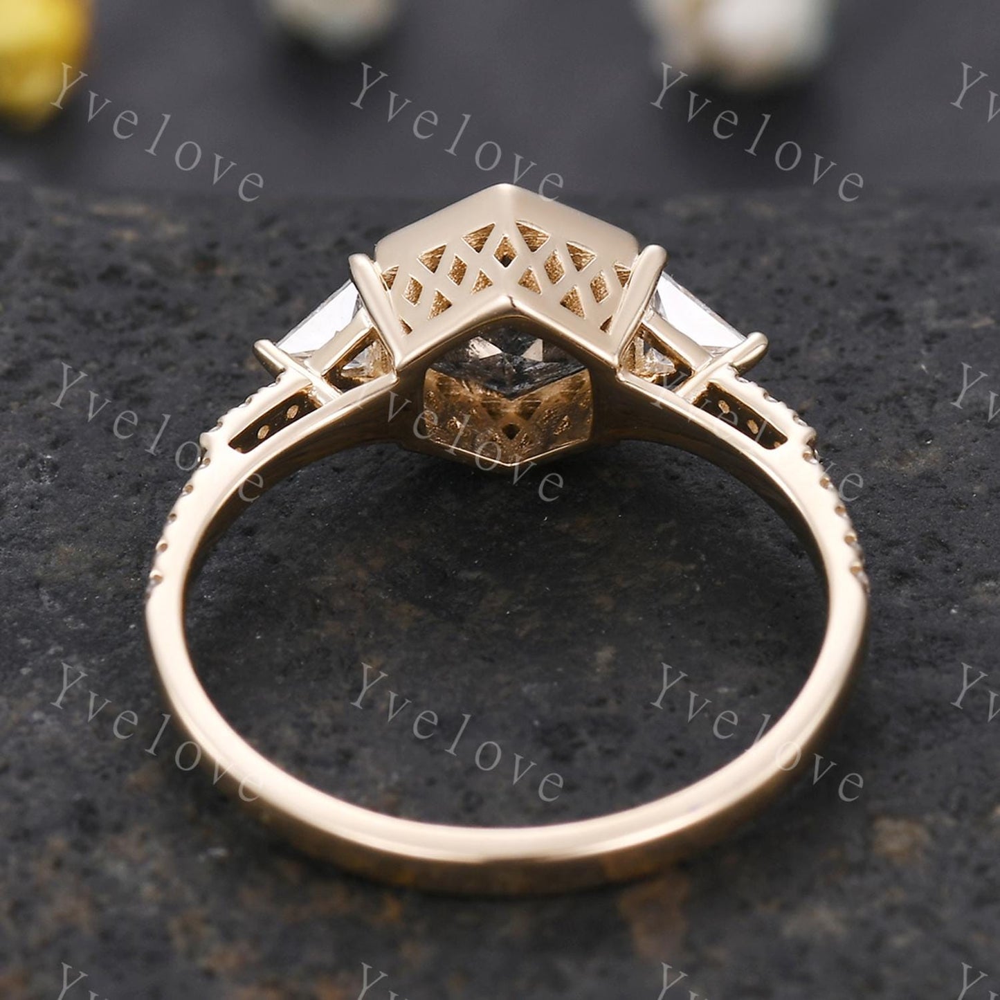 Vintage Hexagon Cut Salt Pepper Diamond Engagement Ring,Triangle Moissanite Band,14K Gold Bridal Ring,Art Deco Women Ring Promise Gift