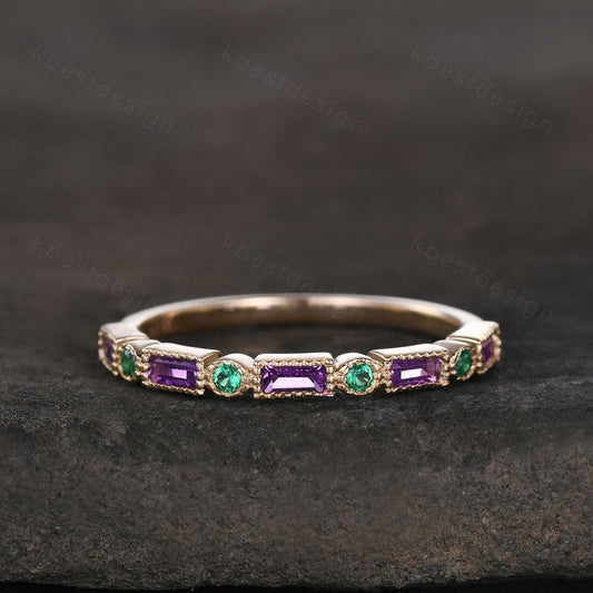 Art Deco Amethyst Emerald wedding band solid 14k Yellow gold wedding band vintage baguette Stacking ring women birthstone Anniversary band