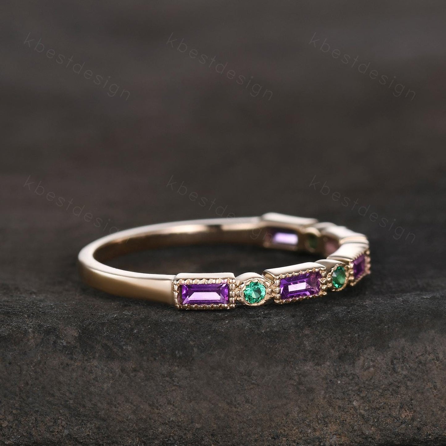 Art Deco Amethyst Emerald wedding band solid 14k Yellow gold wedding band vintage baguette Stacking ring women birthstone Anniversary band