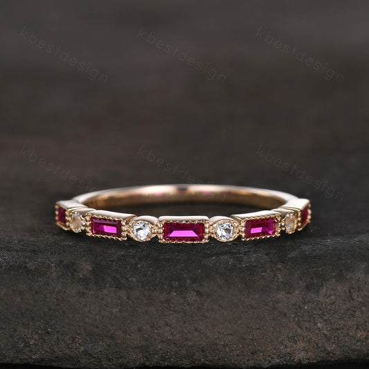 Baguette cut ruby aquamarine wedding band solid 14k gold wedding band vintage art deco Stacking ring women July birthstone Anniversary band