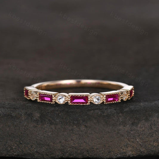 Baguette cut ruby aquamarine wedding band solid 14k gold wedding band vintage art deco Stacking ring women July birthstone Anniversary band