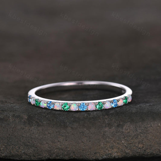 1.5mm Multi gemstone Wedding Band Half eternity blue topaz/opal/emerald wedding band for Women Minimalist Bridal Matching Stackable band
