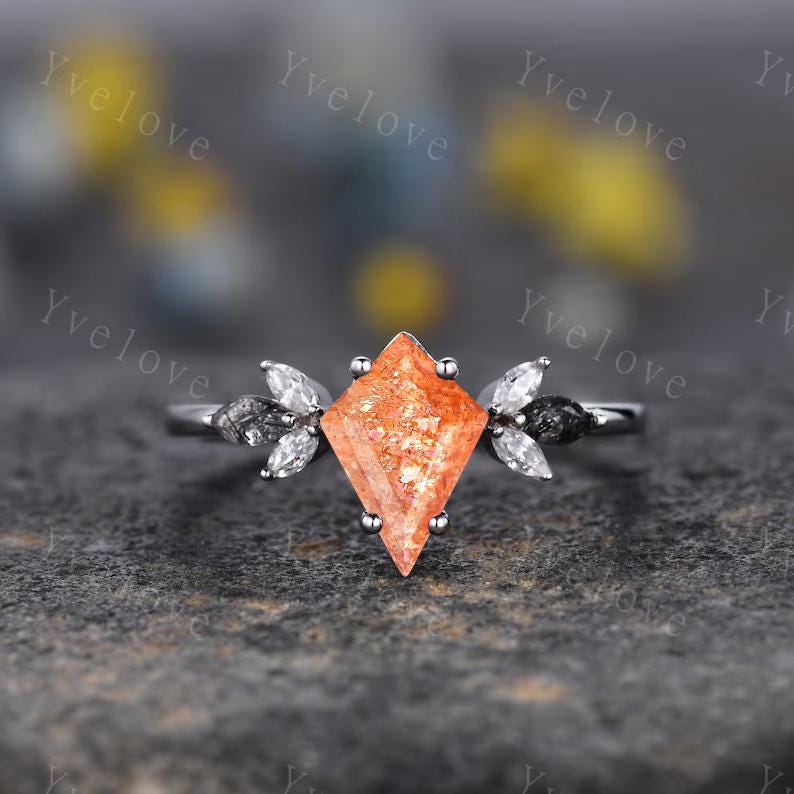 Vintage Kite shaped Sunstone Engagement Ring Set,Unique Bridal Ring Set,Marquise Black Rutilated Quartz,White Gold Nebula Anniversary Ring