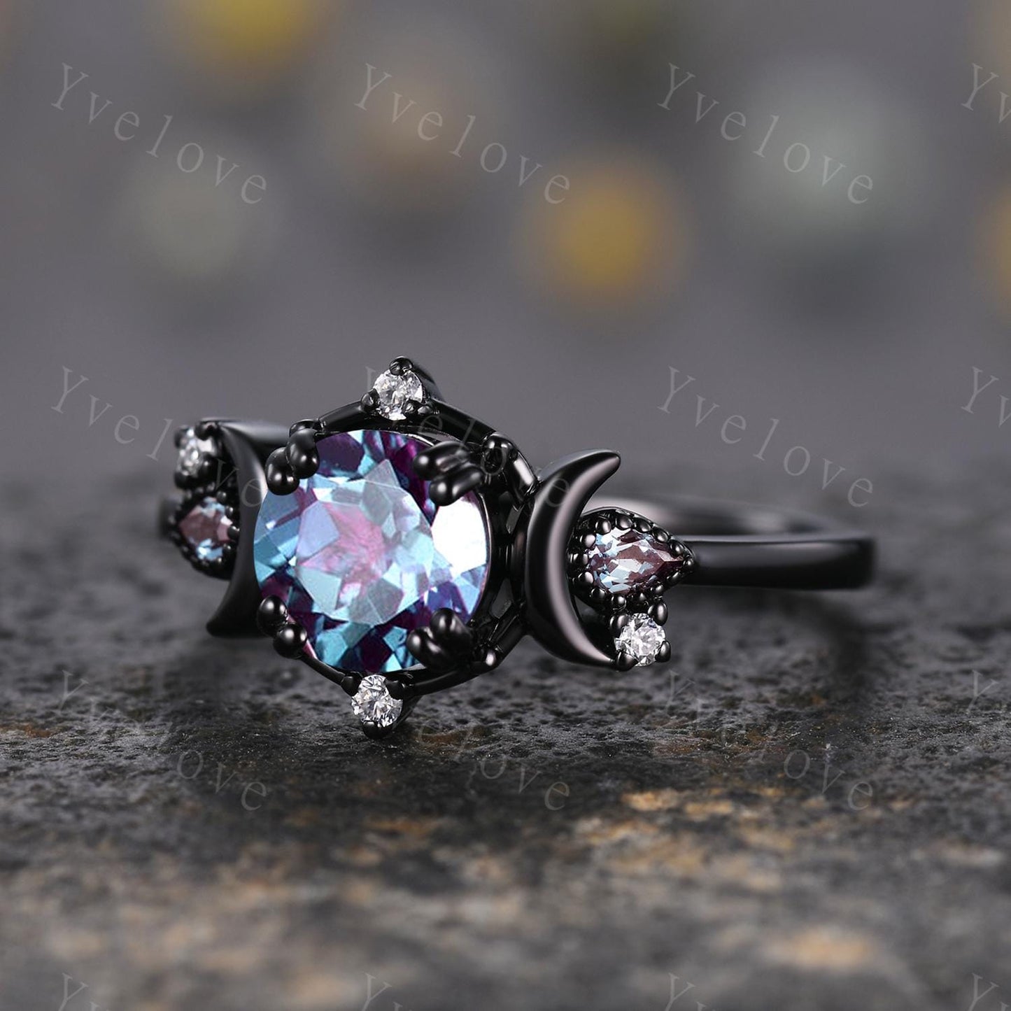 Round alexandrite ring gothic cluster ring black gold unique engagement ring retro moon star diamond promise wedding ring celestial gift