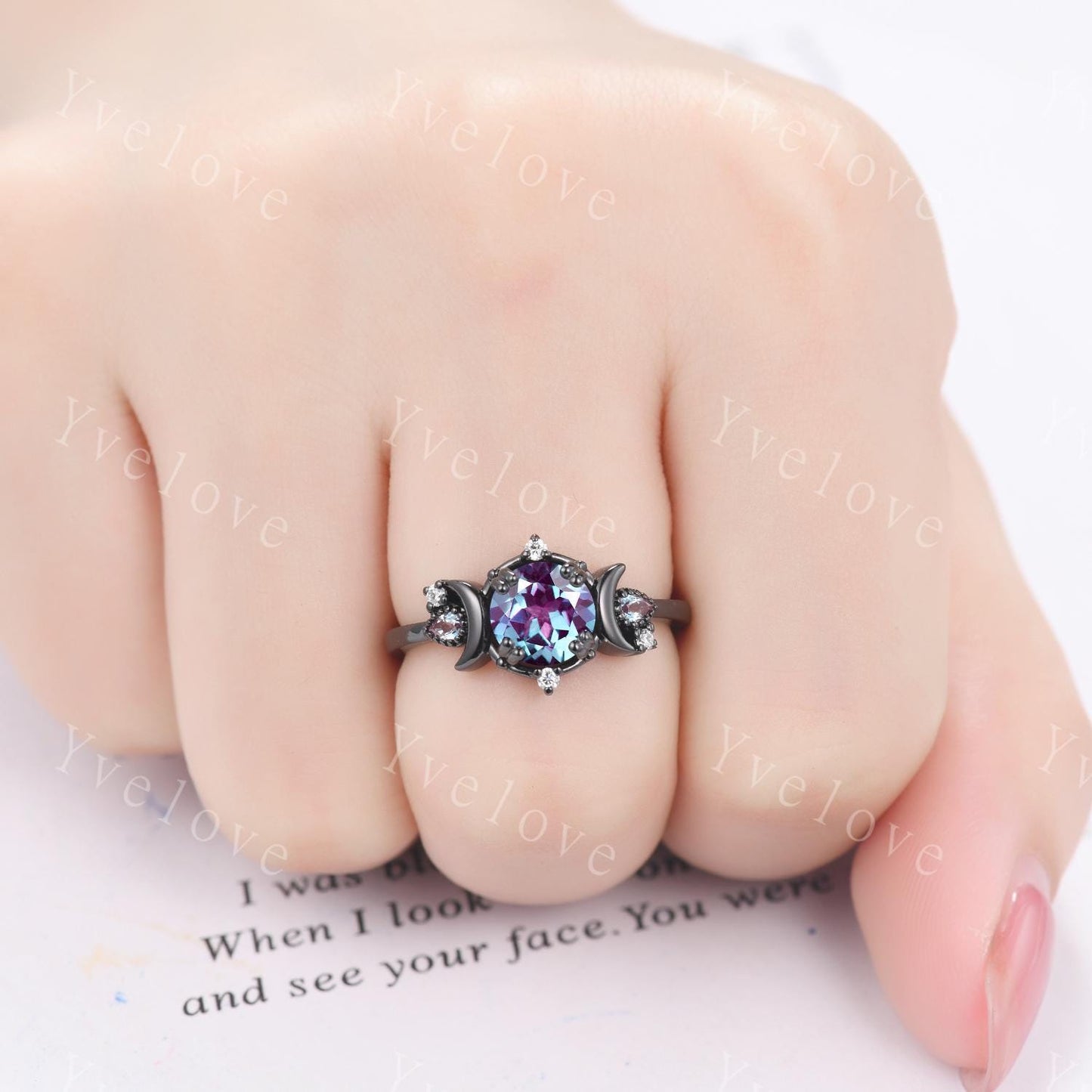 Round alexandrite ring vintage cluster ring 18k rose gold unique engagement ring retro moon star diamond promise wedding ring celestial gift