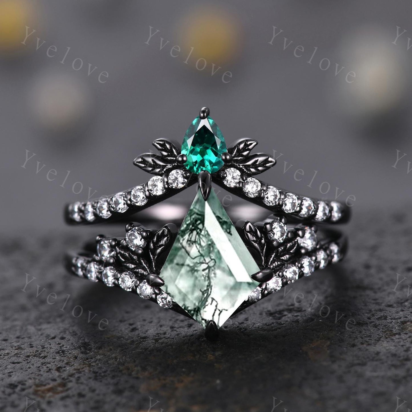 Retro Kite Moss Agate Engagement Ring Set,Gothic Leaf Nature Inspired Black Gold Ring,Green Jewelry Diamond Bridal Promise Ring Women Ring