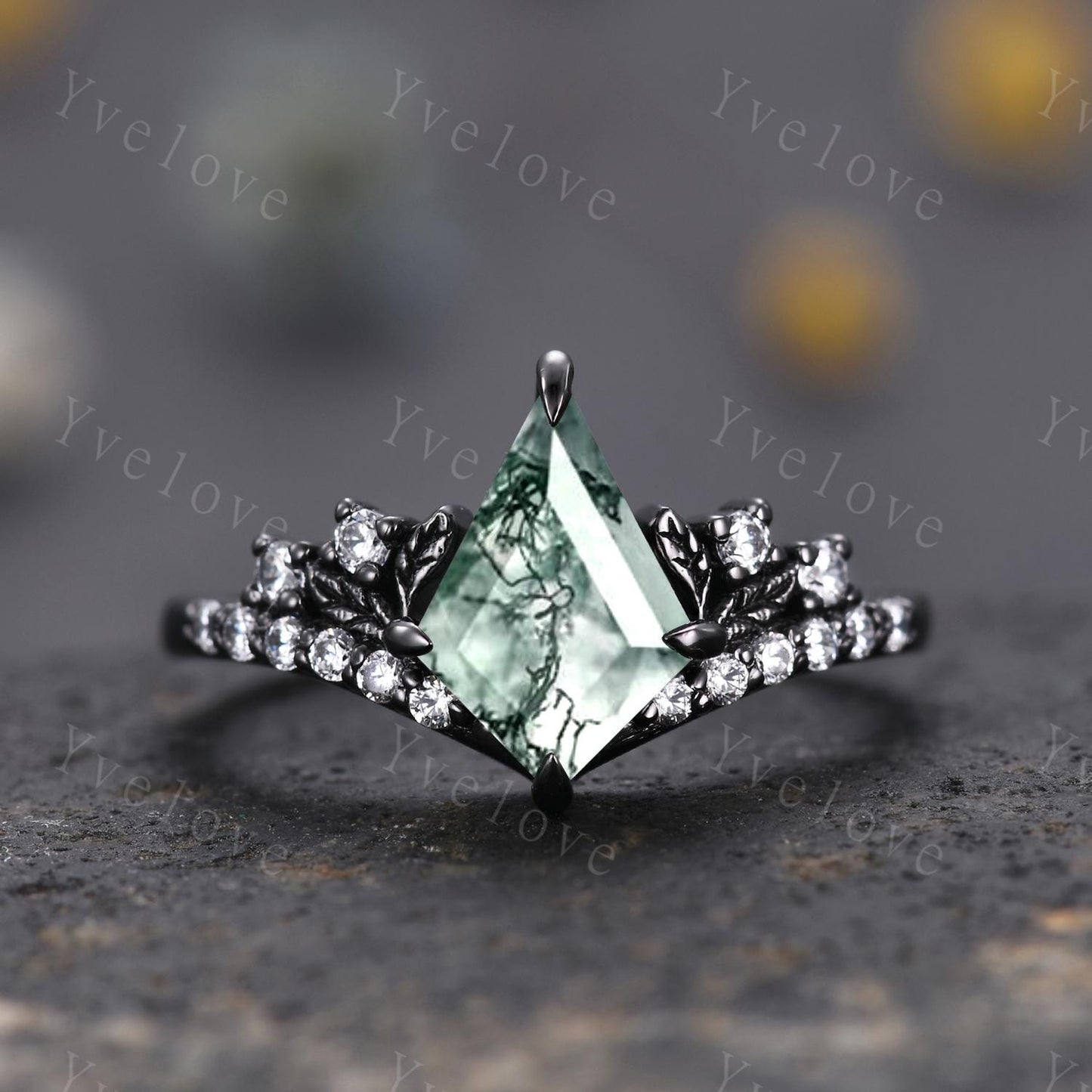 Retro Kite Moss Agate Engagement Ring Set,Gothic Leaf Nature Inspired Black Gold Ring,Green Jewelry Diamond Bridal Promise Ring Women Ring