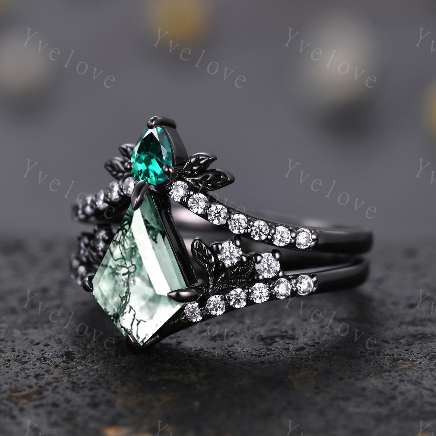 Retro Kite Moss Agate Engagement Ring Set,Gothic Leaf Nature Inspired Black Gold Ring,Green Jewelry Diamond Bridal Promise Ring Women Ring
