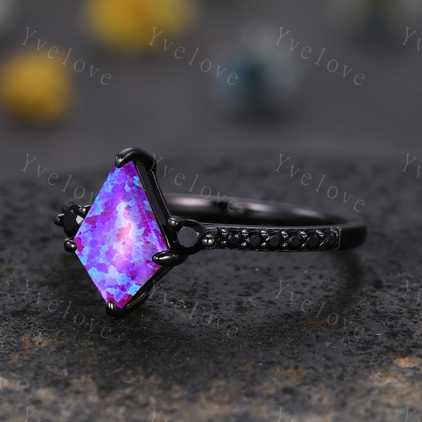Retro Kite Lavender Purple Opal Engagement Ring,Vintage Black Silver Ring Set,Unique Black Spinel Diamond Promise Ring Anniversary Gift
