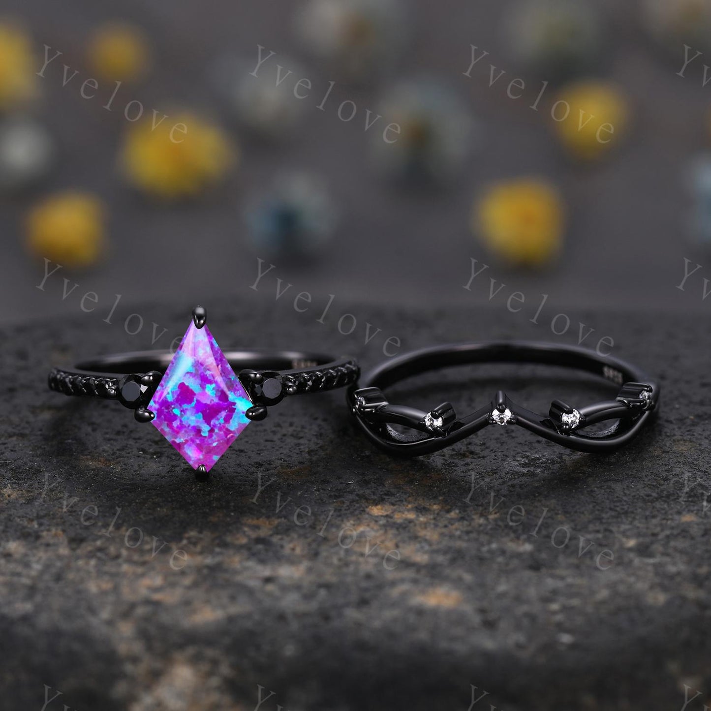 Retro Kite Lavender Purple Opal Engagement Ring,Vintage Black Silver Ring Set,Unique Black Spinel Diamond Promise Ring Anniversary Gift