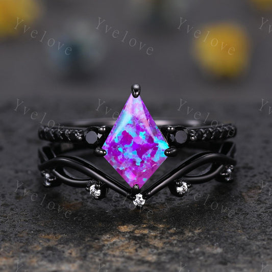 Retro Kite Lavender Purple Opal Engagement Ring,Vintage Black Silver Ring Set,Unique Black Spinel Diamond Promise Ring Anniversary Gift