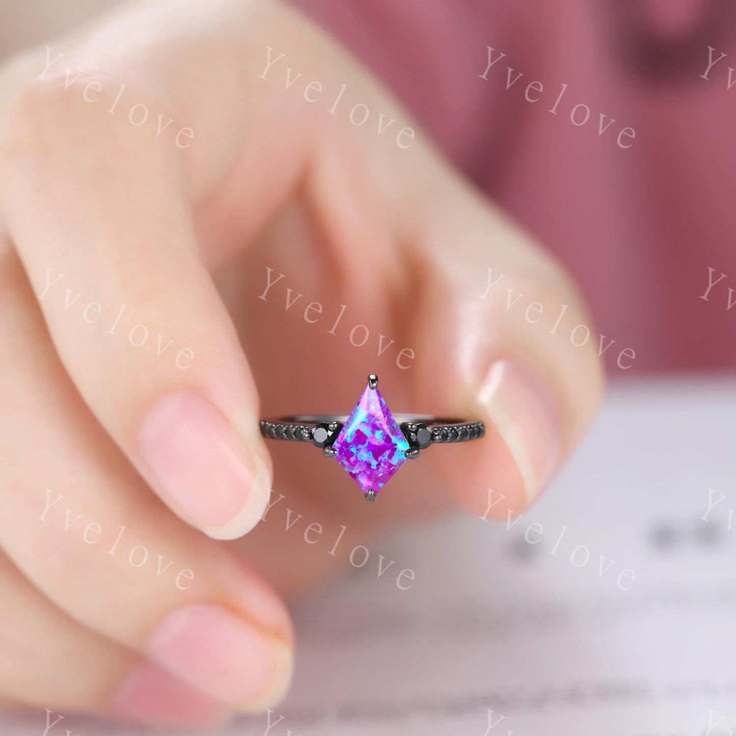 Retro Kite Lavender Purple Opal Engagement Ring,Vintage Black Silver Ring Set,Unique Black Spinel Diamond Promise Ring Anniversary Gift
