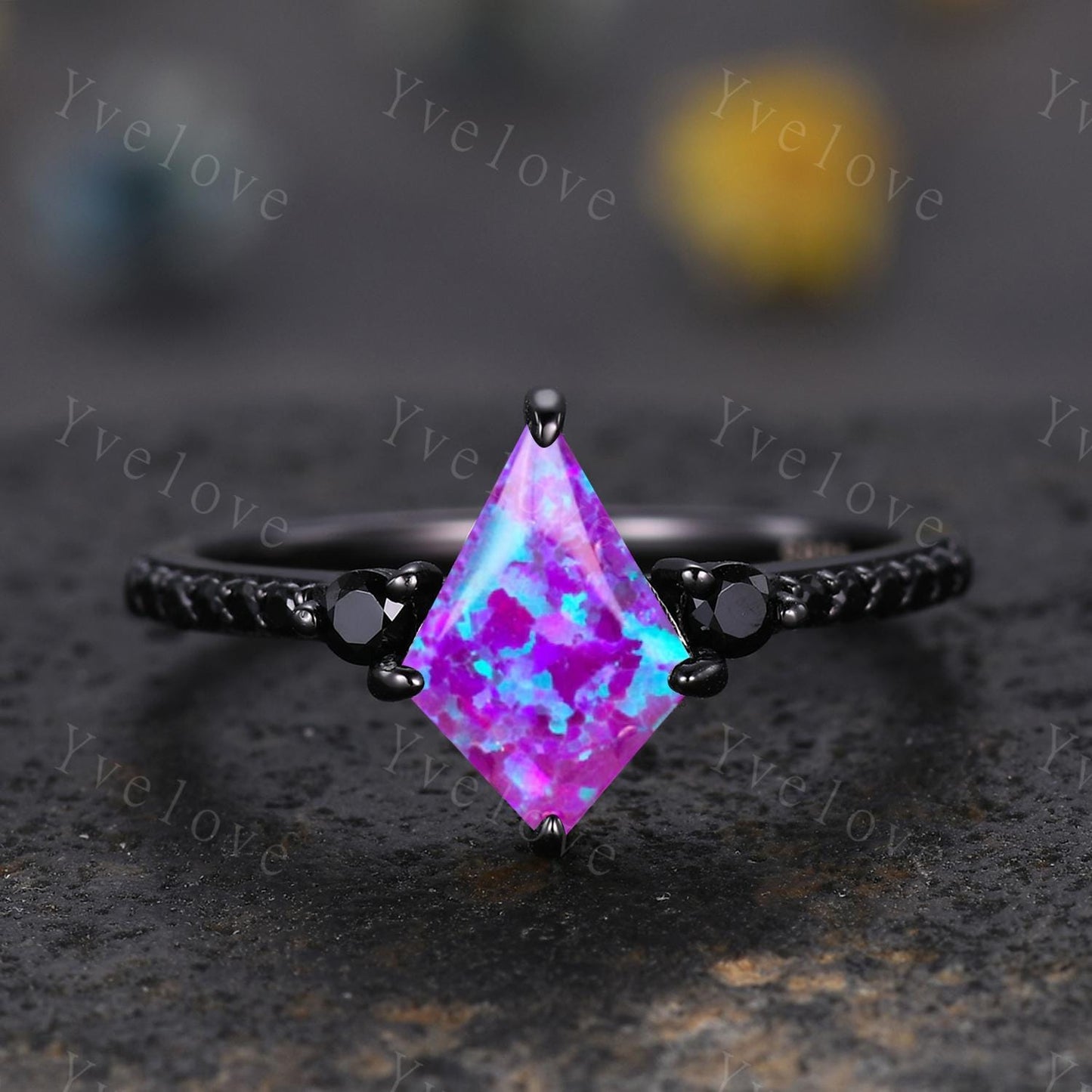 Retro Kite Lavender Purple Opal Engagement Ring,Vintage Black Silver Ring Set,Unique Black Spinel Diamond Promise Ring Anniversary Gift