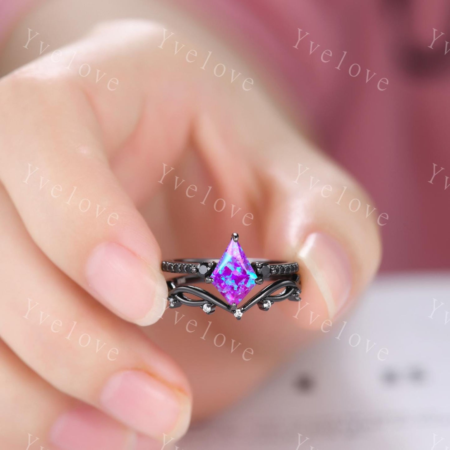 Retro Kite Lavender Purple Opal Engagement Ring,Vintage Black Silver Ring Set,Unique Black Spinel Diamond Promise Ring Anniversary Gift