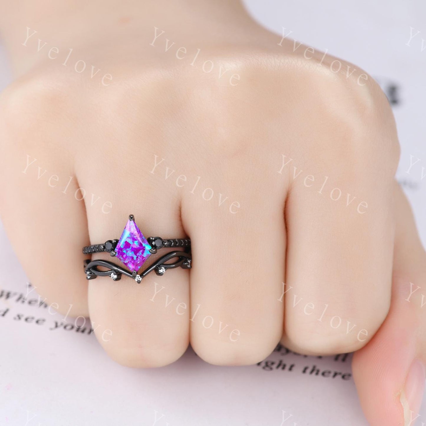 Retro Kite Lavender Purple Opal Engagement Ring,Vintage Black Silver Ring Set,Unique Black Spinel Diamond Promise Ring Anniversary Gift