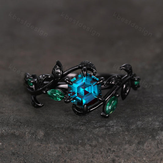 Vintage hexagon cut alexandrite engagement ring gothic black gold art deco emerald leaf ring nature inspired bridal promise ring for her