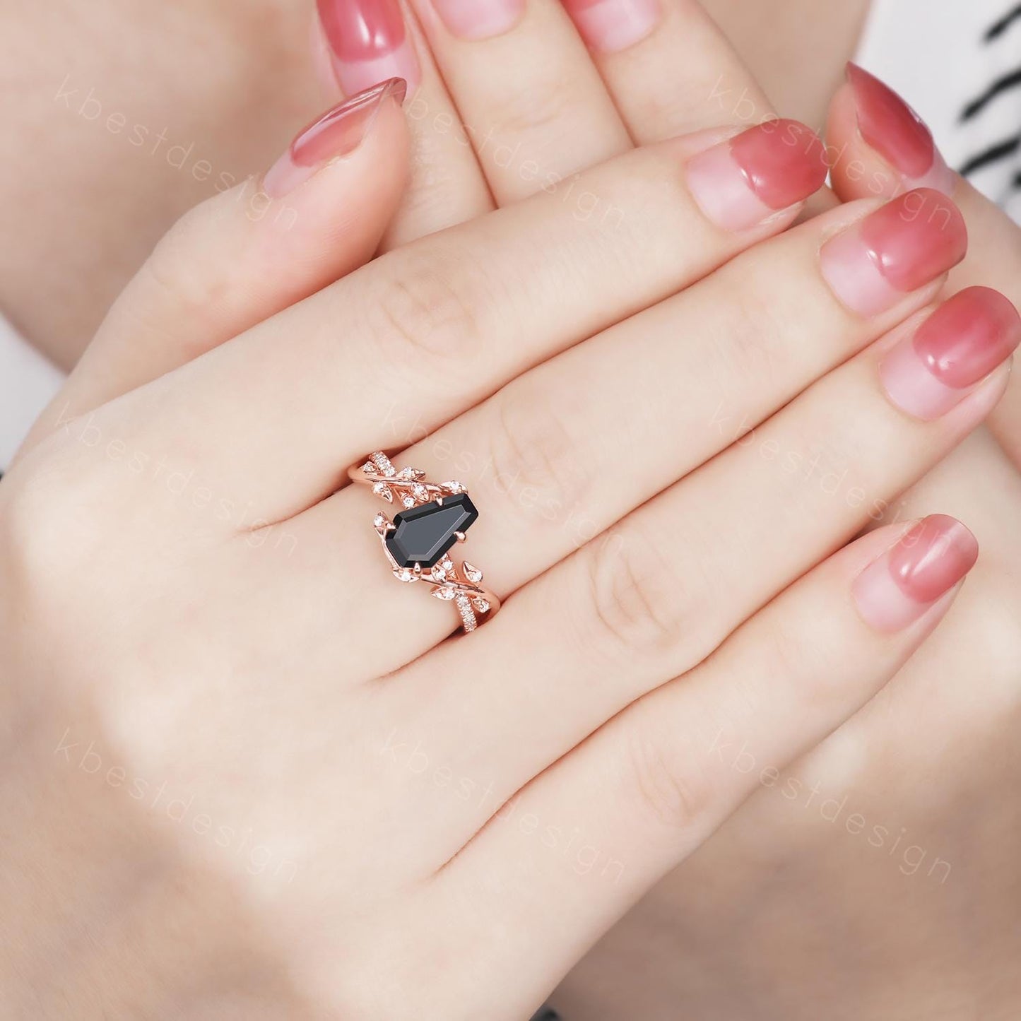 Coffin cut black onyx engagement ring Rose gold ring Art deco twig leaf moissanite wedding ring nature inspired ring bridal promise ring